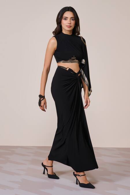 Shop_S&N By Shantnu Nikhil_Black Jersey, Spandex Asymmetric One-sleeve Top_Online_at_Aza_Fashions