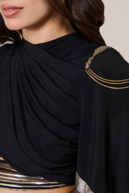 S&N By Shantnu Nikhil_Black Jersey, Spandex Asymmetric One-sleeve Top_at_Aza_Fashions