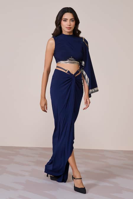 S&N By Shantnu Nikhil_Navy Jersey, Spandex Metallic Thread Asymmetric One-sleeve Draped Top_Online_at_Aza_Fashions