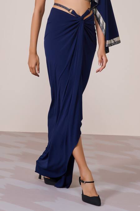 Buy_S&N By Shantnu Nikhil_Navy Jersey, Spandex Metallic Thread Asymmetric One-sleeve Draped Top_Online_at_Aza_Fashions