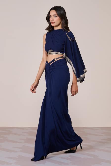 Shop_S&N By Shantnu Nikhil_Navy Jersey, Spandex Metallic Thread Asymmetric One-sleeve Draped Top_Online_at_Aza_Fashions