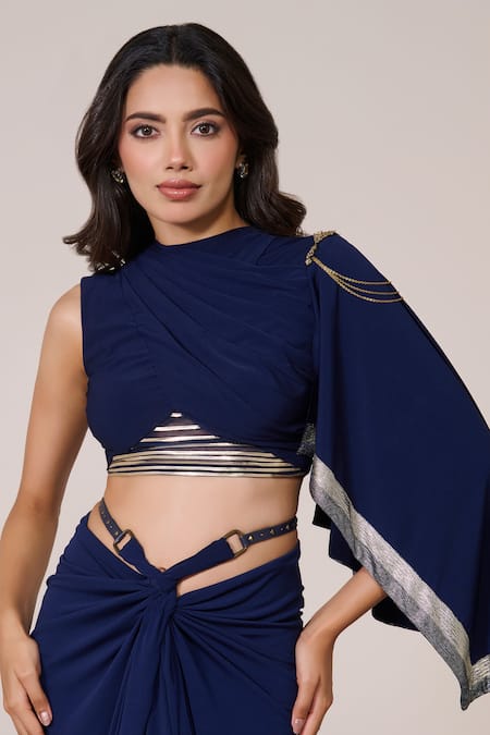 S&N By Shantnu Nikhil_Navy Jersey, Spandex Metallic Thread Asymmetric One-sleeve Draped Top_at_Aza_Fashions
