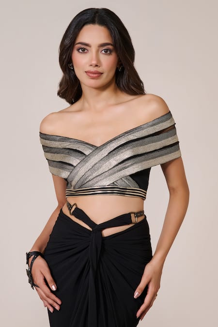 S&N By Shantnu Nikhil_Black Jersey, Spandex Off-shoulder Draped Top_Online_at_Aza_Fashions