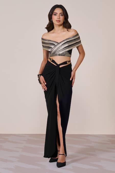S&N By Shantnu Nikhil Black Jersey, Spandex Off-shoulder Draped Top 