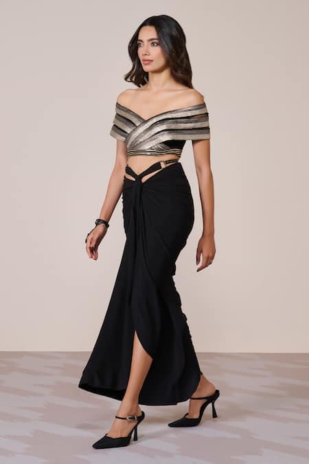 Shop_S&N By Shantnu Nikhil_Black Jersey, Spandex Off-shoulder Draped Top_Online_at_Aza_Fashions