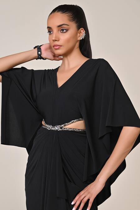 S&N By Shantnu Nikhil_Black Polyester, Jersey, Spandex V-neck Draped Gown _Online_at_Aza_Fashions