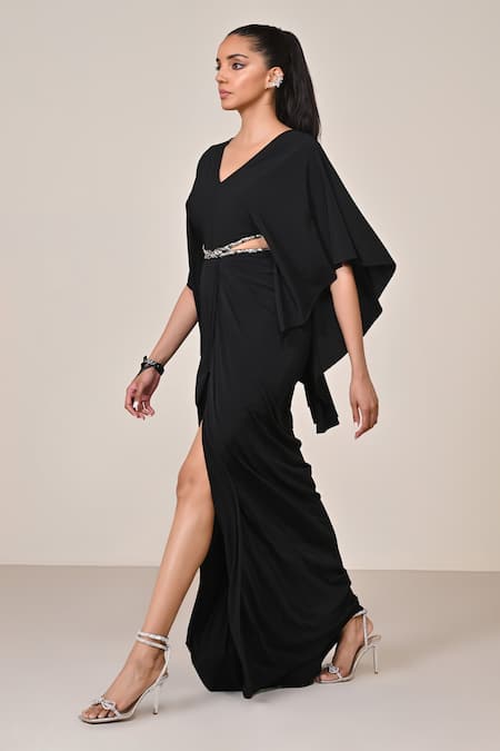 Buy_S&N By Shantnu Nikhil_Black Polyester, Jersey, Spandex V-neck Draped Gown _Online_at_Aza_Fashions