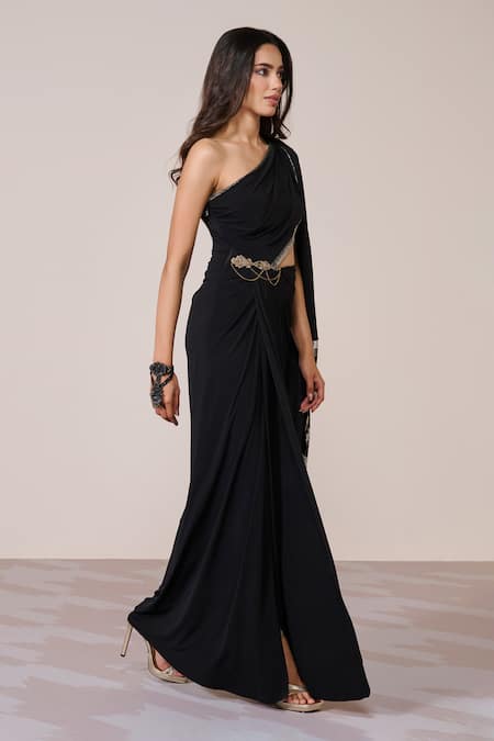 S&N By Shantnu Nikhil_Black Jersey, Spandex Asymmetric One-shoulder Saree Gown_Online_at_Aza_Fashions