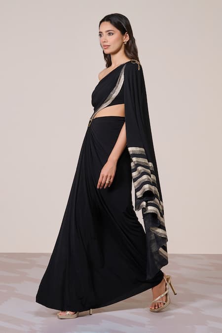 Buy_S&N By Shantnu Nikhil_Black Jersey, Spandex Asymmetric One-shoulder Saree Gown_Online_at_Aza_Fashions