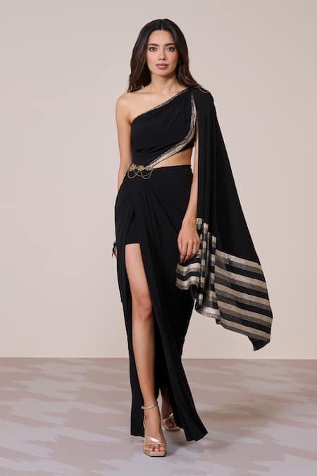 S&N By Shantnu Nikhil Black Jersey, Spandex Asymmetric One-shoulder Saree Gown 