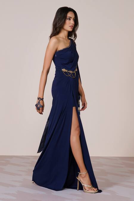 S&N By Shantnu Nikhil_Navy Jersey, Spandex One Shoulder Saree Gown_Online_at_Aza_Fashions