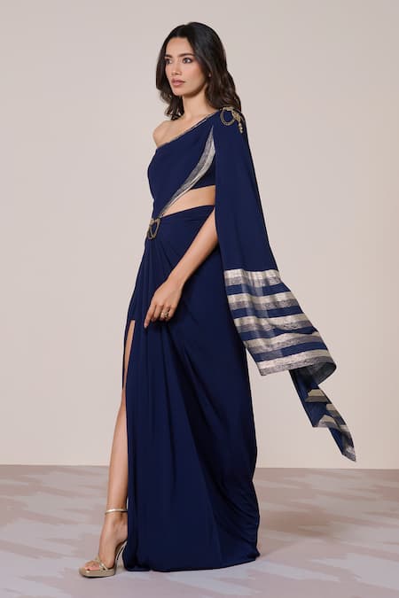 Buy_S&N By Shantnu Nikhil_Navy Jersey, Spandex One Shoulder Saree Gown_Online_at_Aza_Fashions
