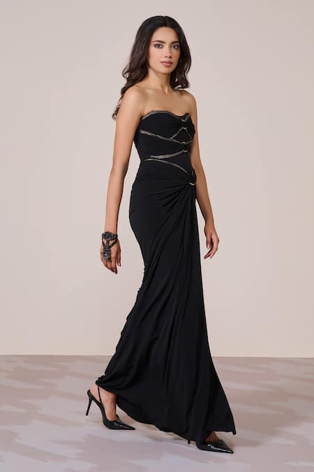 S&N By Shantnu Nikhil_Black Jersey, Spandex Off-shoulder, Bandeau Neck Corset Gown With Hoop Detailing_Online_at_Aza_Fashions