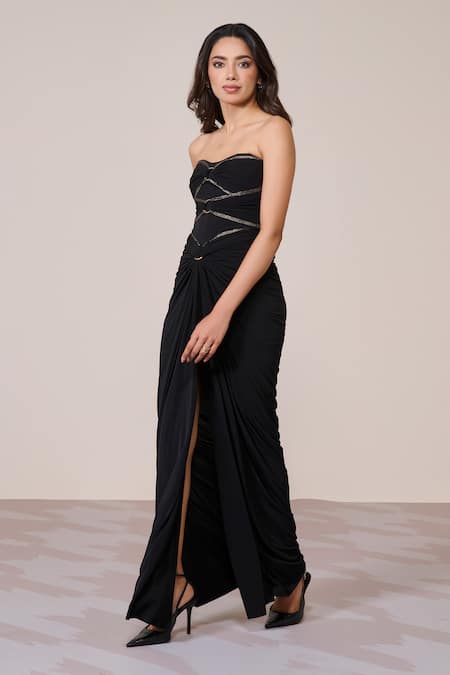 Buy_S&N By Shantnu Nikhil_Black Jersey, Spandex Off-shoulder, Bandeau Neck Corset Gown With Hoop Detailing_Online_at_Aza_Fashions