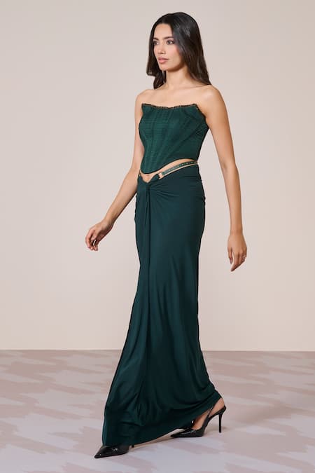 Buy_S&N By Shantnu Nikhil_Emerald Green Polyester, Jersey, Spandex Buckles Twisted Drape Skirt_Online_at_Aza_Fashions