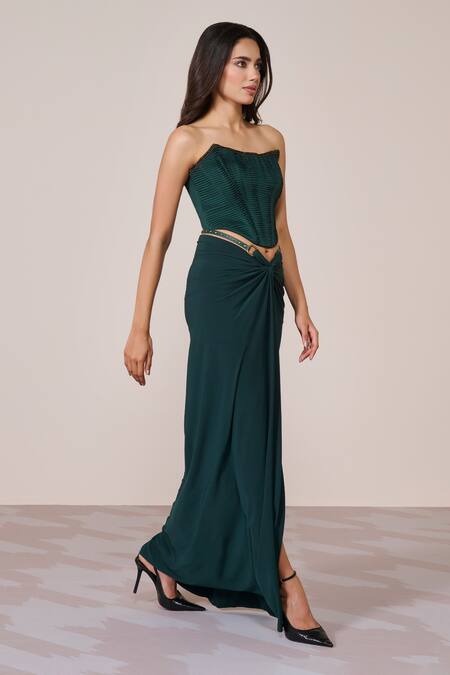 Shop_S&N By Shantnu Nikhil_Emerald Green Polyester, Jersey, Spandex Buckles Twisted Drape Skirt_Online_at_Aza_Fashions