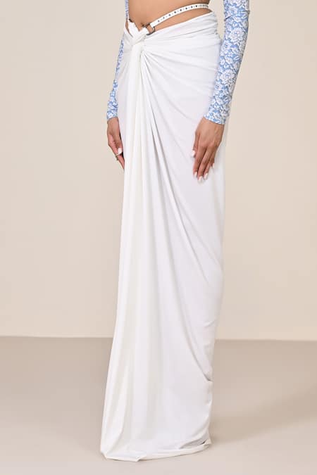 S&N By Shantnu Nikhil_White Polyester, Jersey, Spandex Twisted Drape Skirt_Online_at_Aza_Fashions