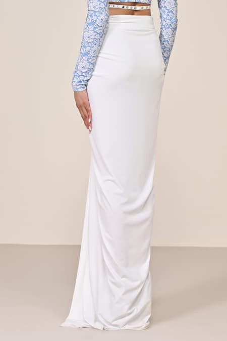 Buy_S&N By Shantnu Nikhil_White Polyester, Jersey, Spandex Twisted Drape Skirt_Online_at_Aza_Fashions