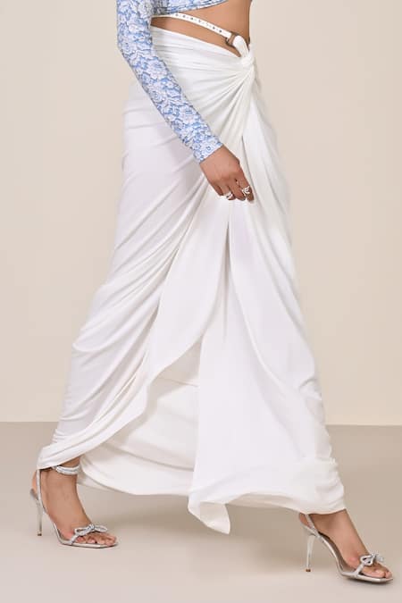 Shop_S&N By Shantnu Nikhil_White Polyester, Jersey, Spandex Twisted Drape Skirt_Online_at_Aza_Fashions