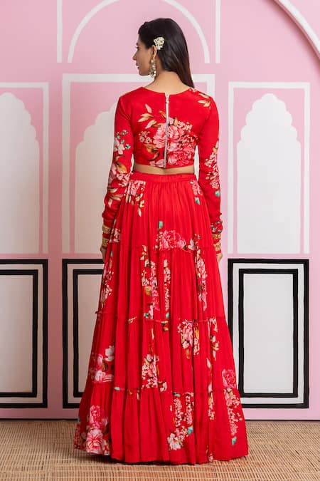 Yuvraani Jaipur Red Floral Chinnon Chiffon Lehenga Set 