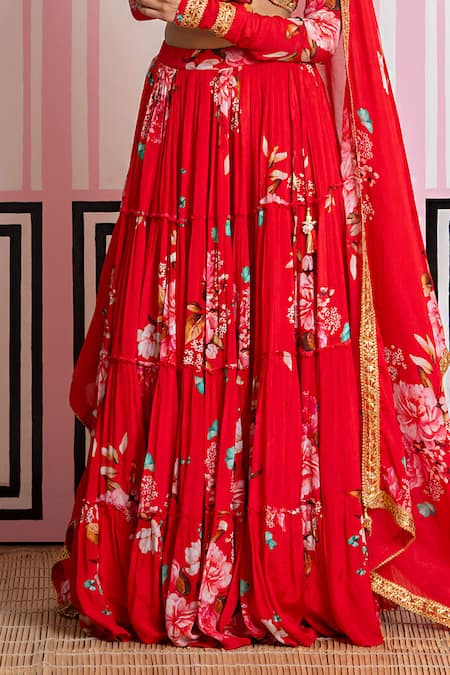 Buy_Yuvraani Jaipur_Red Chinon, Chiffon Embroidery V-neck Floral Lehenga Set _Online_at_Aza_Fashions