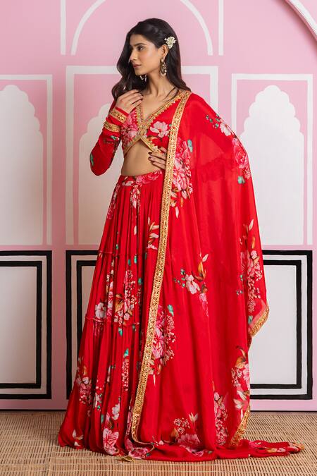 Shop_Yuvraani Jaipur_Red Chinon, Chiffon Embroidery V-neck Floral Lehenga Set _Online_at_Aza_Fashions