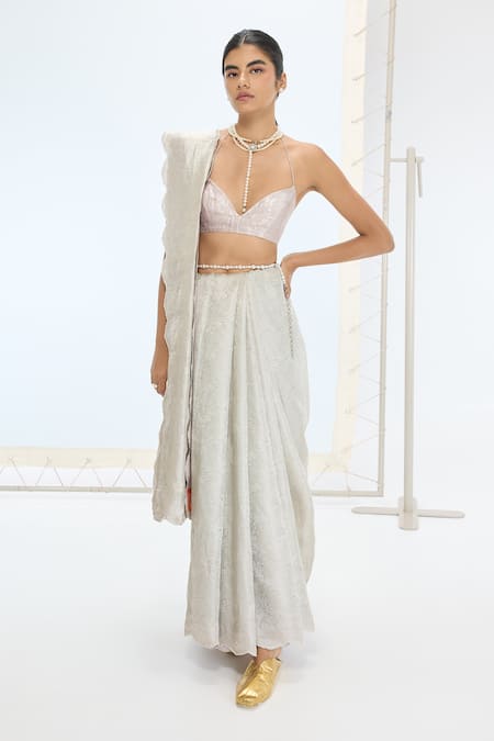 Ekaya Banaras Gray Tissue, Silk Pearls Jenna Handwoven Saree With Unstitched Blouse Piece 