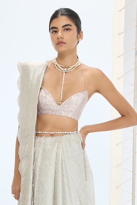 Ekaya Banaras Gray Tissue, Silk Pearls Jenna Handwoven Saree With Unstitched Blouse Piece Online at Aza Fashions Ekaya Banaras_Gray Tissue, Silk Pearls Jenna Handwoven Saree With Unstitched Blouse Piece _Online_at_Aza_Fashions