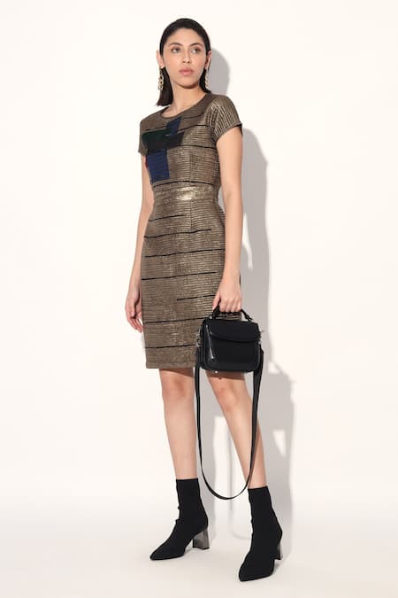 Linetribe_ Gold Crepe Round Neck Quilted Designer Dress 