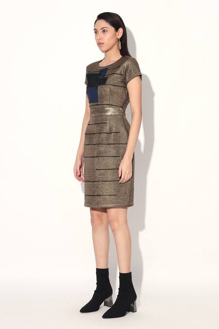 Linetribe_Gold Crepe Round Neck Quilted Designer Dress _Online_at_Aza_Fashions