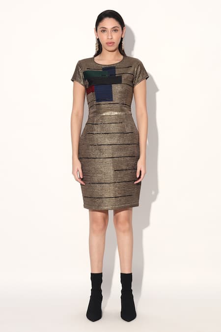 Buy_Linetribe_Gold Crepe Round Neck Quilted Designer Dress _Online_at_Aza_Fashions