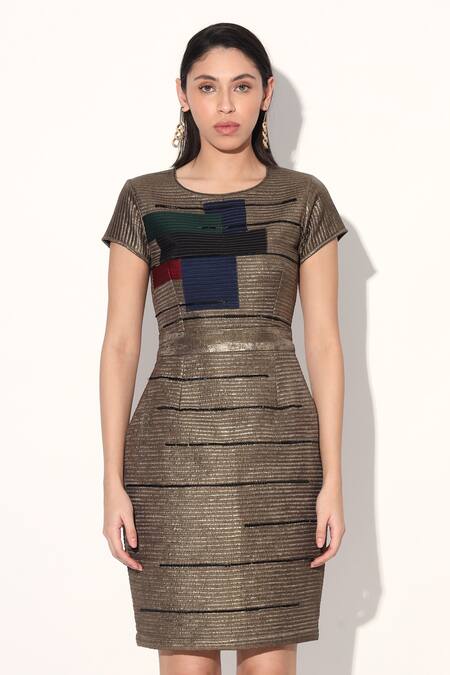 Shop_Linetribe_Gold Crepe Round Neck Quilted Designer Dress _Online_at_Aza_Fashions