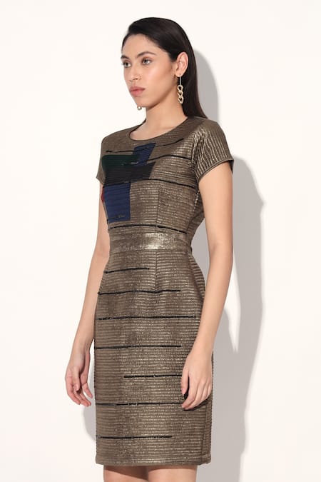 Linetribe_Gold Crepe Round Neck Quilted Designer Dress _at_Aza_Fashions