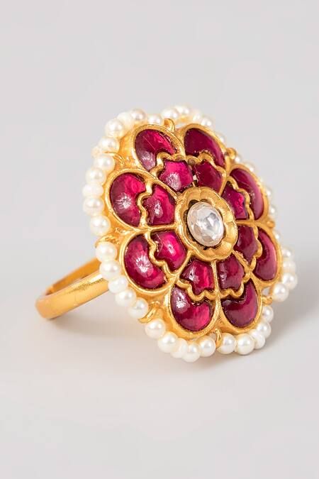 Karisa Designs_Pink Stones, Pearls Kavi Kundan Adjustable Ring _Online_at_Aza_Fashions