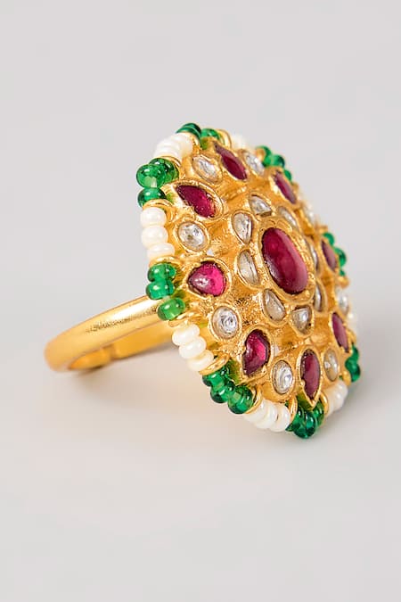 Karisa Designs_Gold Plated Stones, Beads Kashi Kundan Ring _Online_at_Aza_Fashions