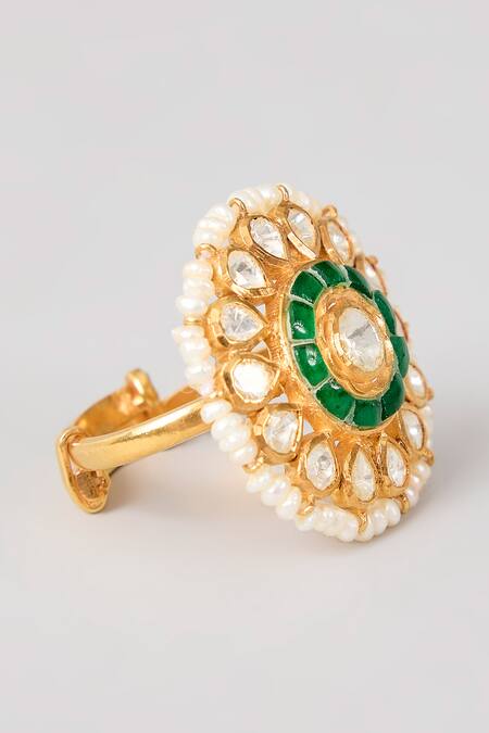 Karisa Designs_White Stones, Pearls Handcrafted Moissanite Polki Ring _Online_at_Aza_Fashions
