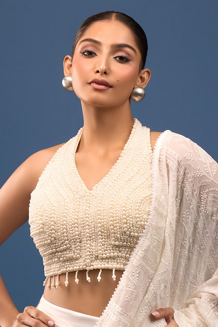 Samyukta Singhania_White Silk Pearls Halter Neck Embellished Blouse _Online_at_Aza_Fashions