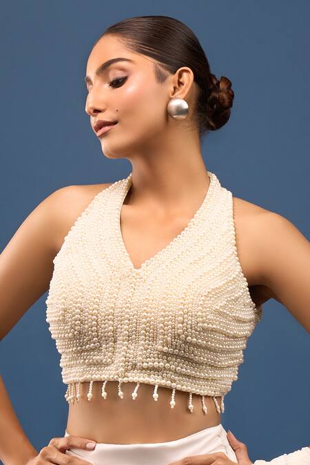 Buy_Samyukta Singhania_White Silk Pearls Halter Neck Embellished Blouse _Online_at_Aza_Fashions