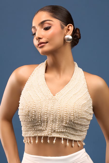 Shop_Samyukta Singhania_White Silk Pearls Halter Neck Embellished Blouse _Online_at_Aza_Fashions