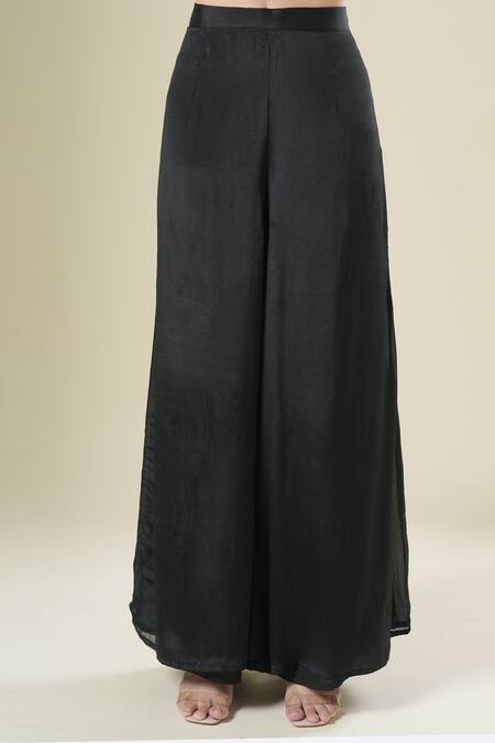 Shop_Samyukta Singhania_Black Chiffon, Georgette Embroidery Round , Open Cape And Palazzo Set _Online_at_Aza_Fashions