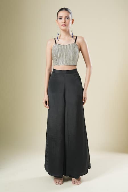 Samyukta Singhania_Black Chiffon, Georgette Embroidery Round , Open Cape And Palazzo Set _at_Aza_Fashions