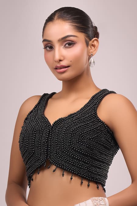 Samyukta Singhania Black Silk Pearls Embellished Padded Blouse Online at Aza Fashions Samyukta Singhania_Black Silk Pearls Embellished Padded Blouse _Online_at_Aza_Fashions