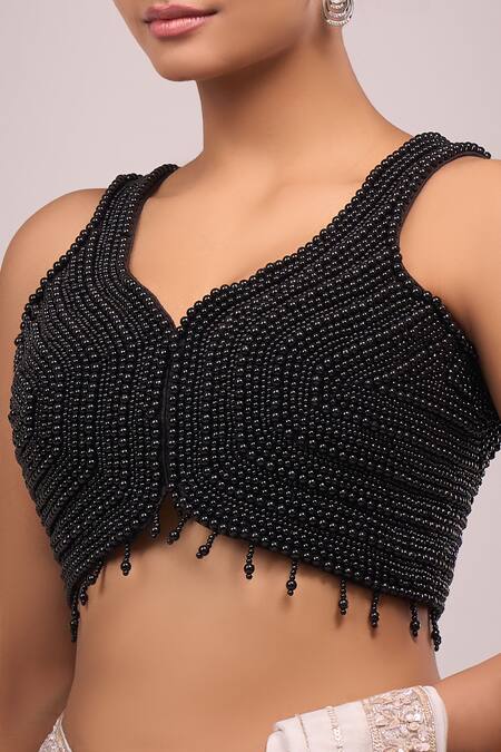 Shop Samyukta Singhania Black Silk Pearls Embellished Padded Blouse Online at Aza Fashions Shop_Samyukta Singhania_Black Silk Pearls Embellished Padded Blouse _Online_at_Aza_Fashions