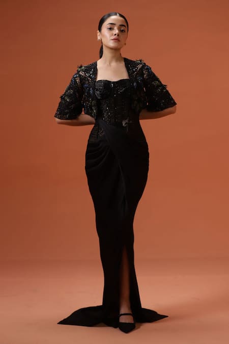 Taali Black Silk, Net Sequins, Beads Square Neck, Hand Embellished Corset Dress And Cape 