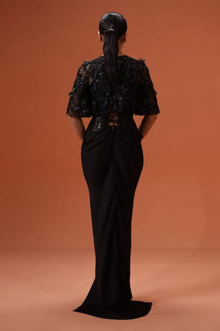 Taali Black Hand Embellished Corset Dress & Cape 
