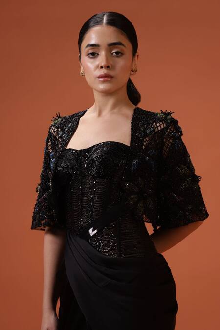 Taali_Black Silk, Net Sequins, Beads Square Neck, Hand Embellished Corset Dress And Cape _Online_at_Aza_Fashions