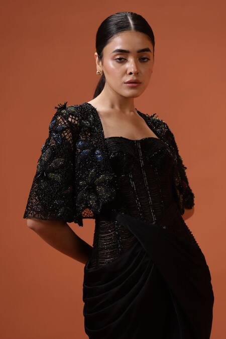 Buy_Taali_Black Silk, Net Sequins, Beads Square Neck, Hand Embellished Corset Dress And Cape _Online_at_Aza_Fashions