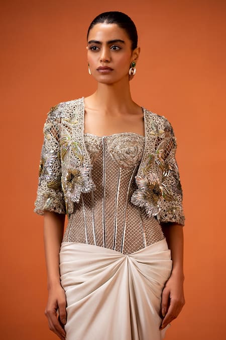 Buy_Taali_Silver Silk, Net Sequins, Beads Square Neck, Hand Embellished Corset Skirt Cape _Online_at_Aza_Fashions