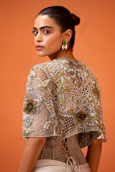 Shop_Taali_Silver Silk, Net Sequins, Beads Square Neck, Hand Embellished Corset Skirt Cape _Online_at_Aza_Fashions