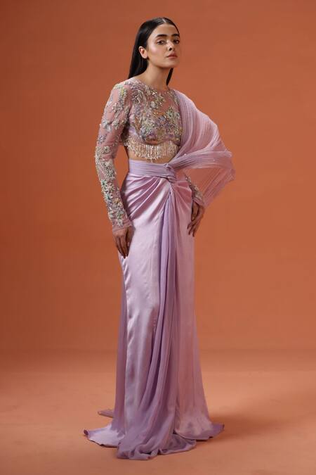 Taali_Purple Silk, Chiffon, Net Beads, Sequins, Hand Embellished Pre-draped Saree _Online_at_Aza_Fashions